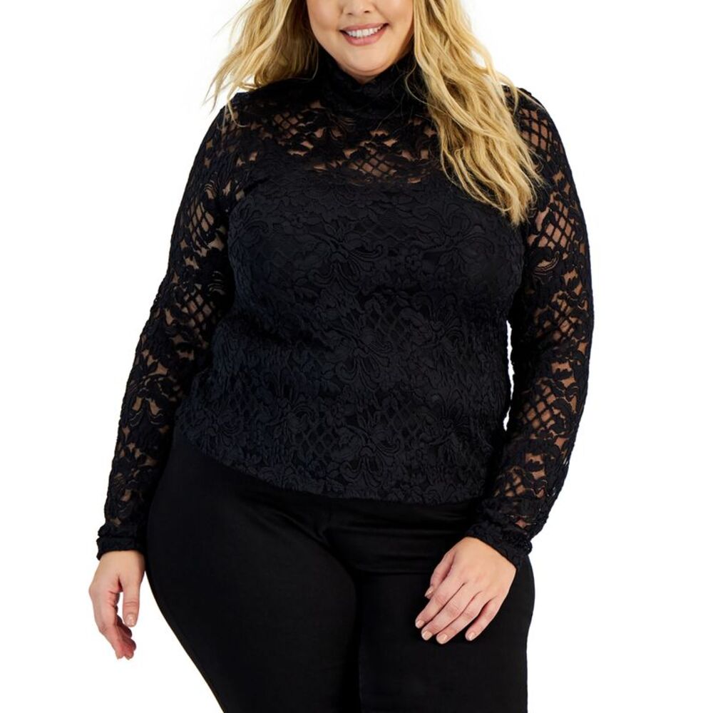 Plus Size Lace Long-Sleeve Mock-Neck Top
